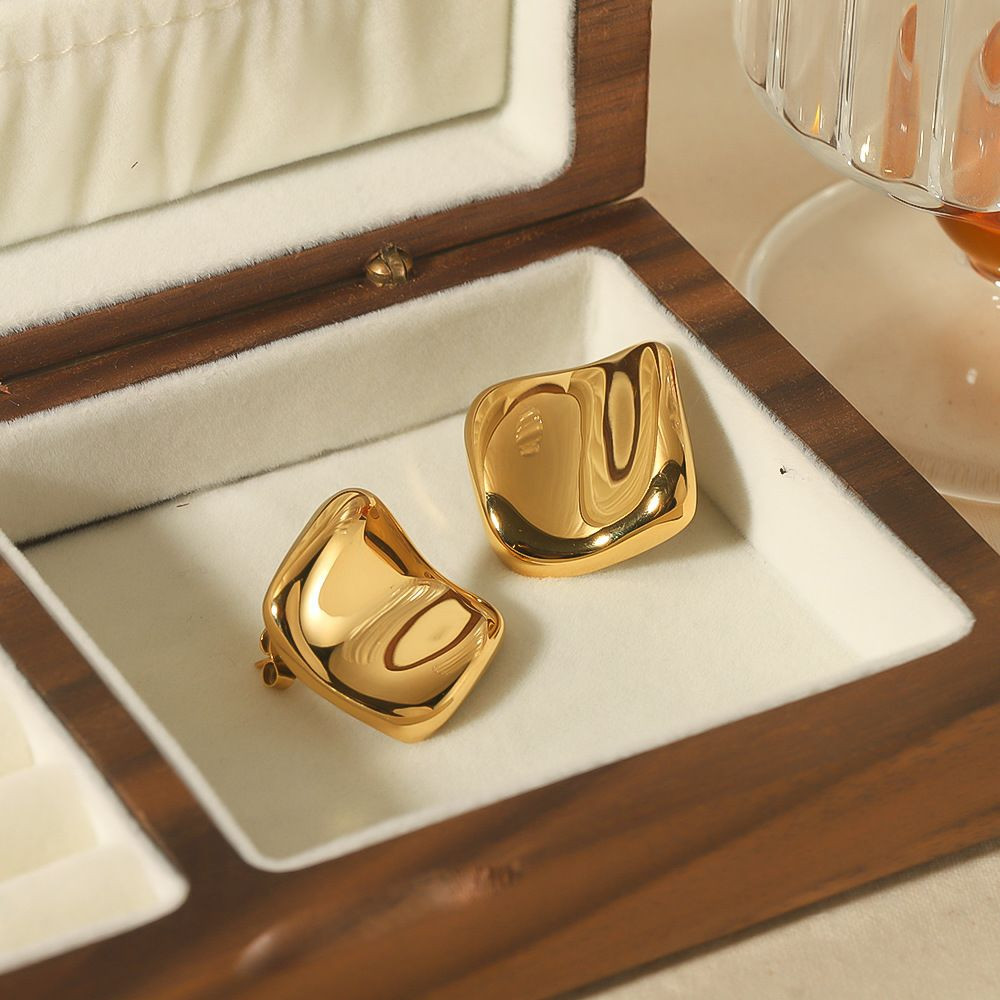 Boucles d'oreilles en acier inoxydable plissées d'or 18K pour femmes, Puces d'oreilles martelées carres, grosses boucles d'oreilles en or, boucles d'oreilles audacieuses