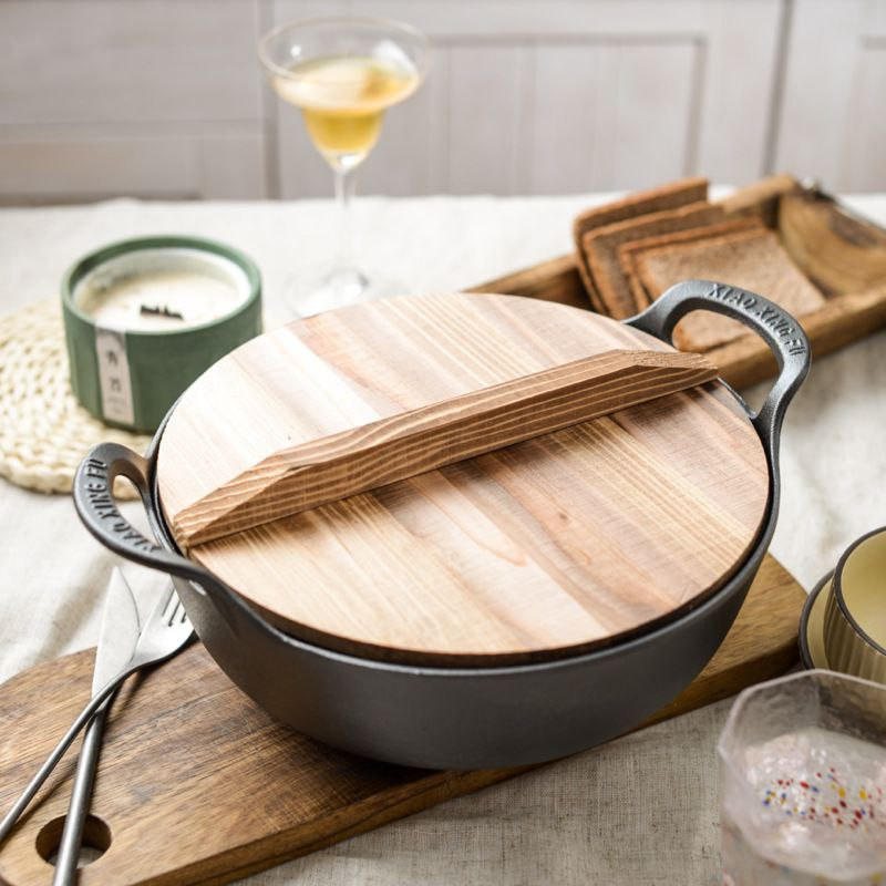 Marmite à lingots en fonte épaissie à double oreille, marmite à soupe, petit wok domestique, poêle antiadhésive revêtue de couvercle en bois
