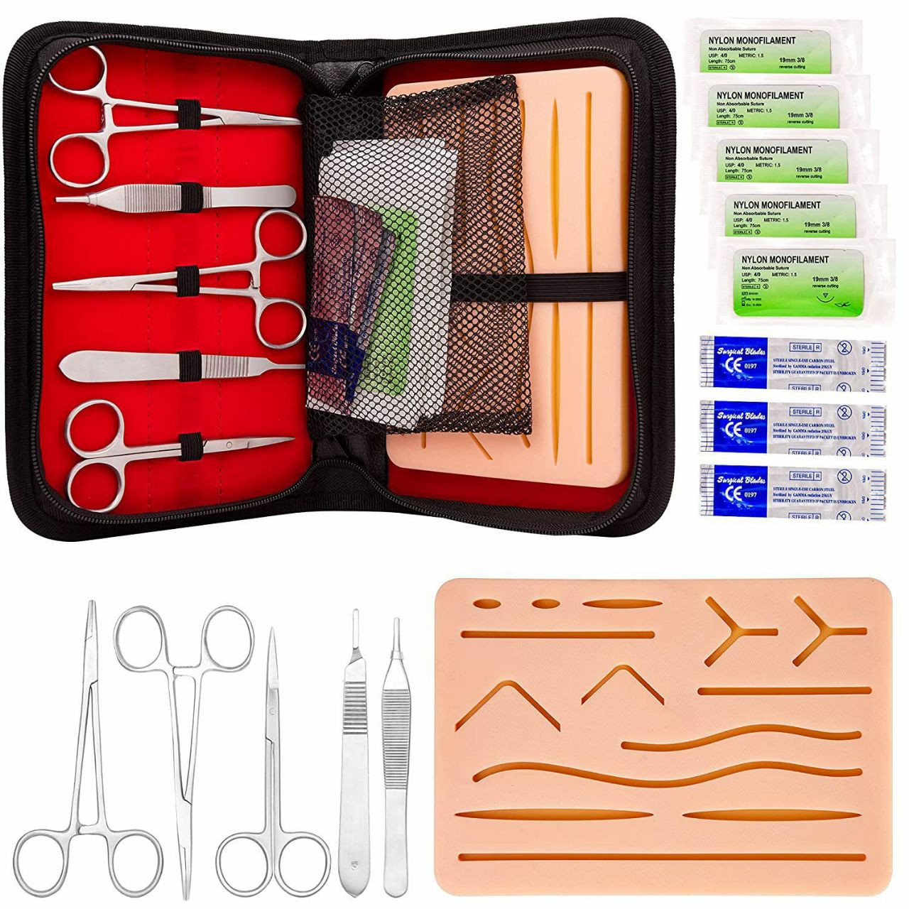 kit complet de pratique de suture pour l'entraînement à la suture comprenant un grand tampon de suture en silicone avec des plaies prédécoupées
