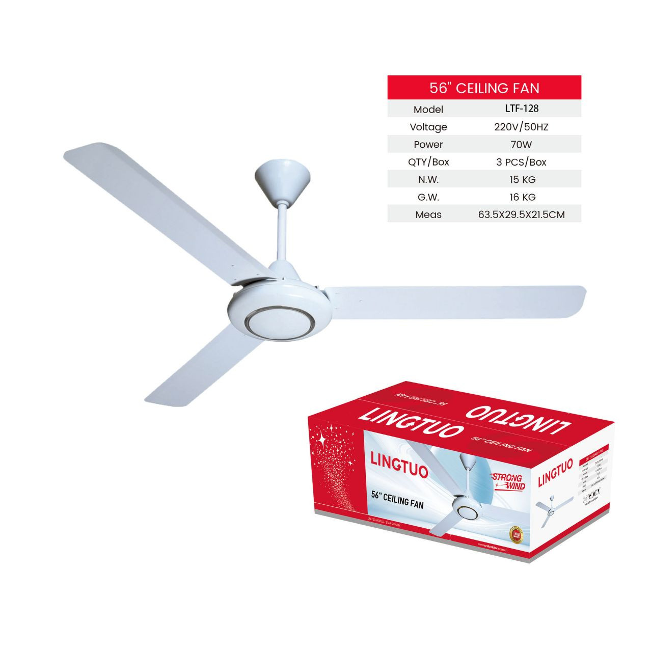 ventilateur de plafond Lingtuo de 56 pouces est livré avec trois pales métalliques blanches pour une circulation d'air efficace.